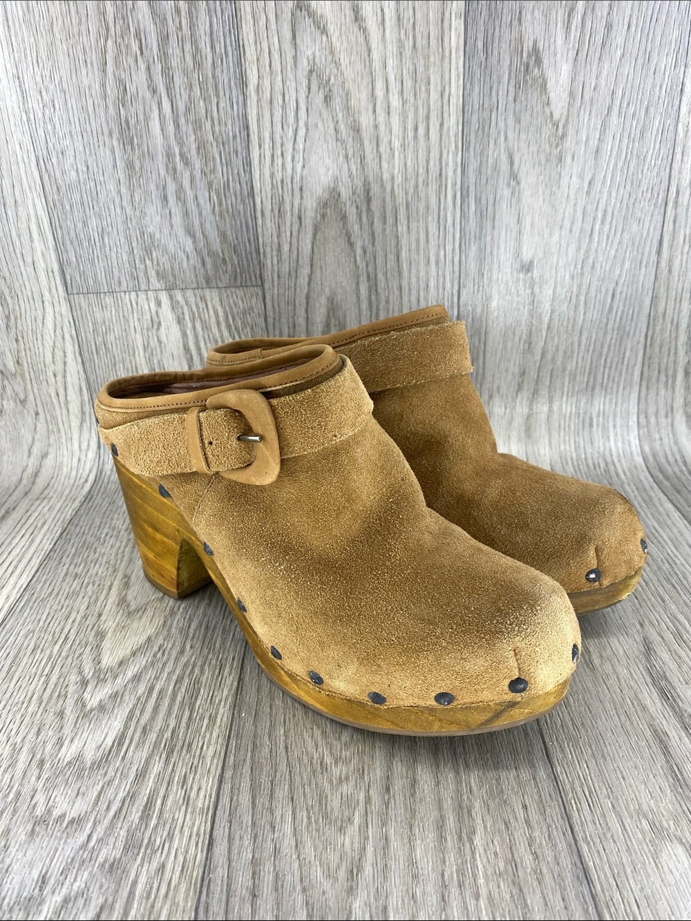 Matisse Suede Buckle Clog Mules in Tan